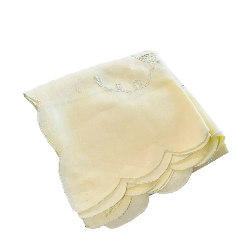 Vintage Linen Cutwork Tablecloth Pale Yellow Cream Vintage Teacloth Table Cover